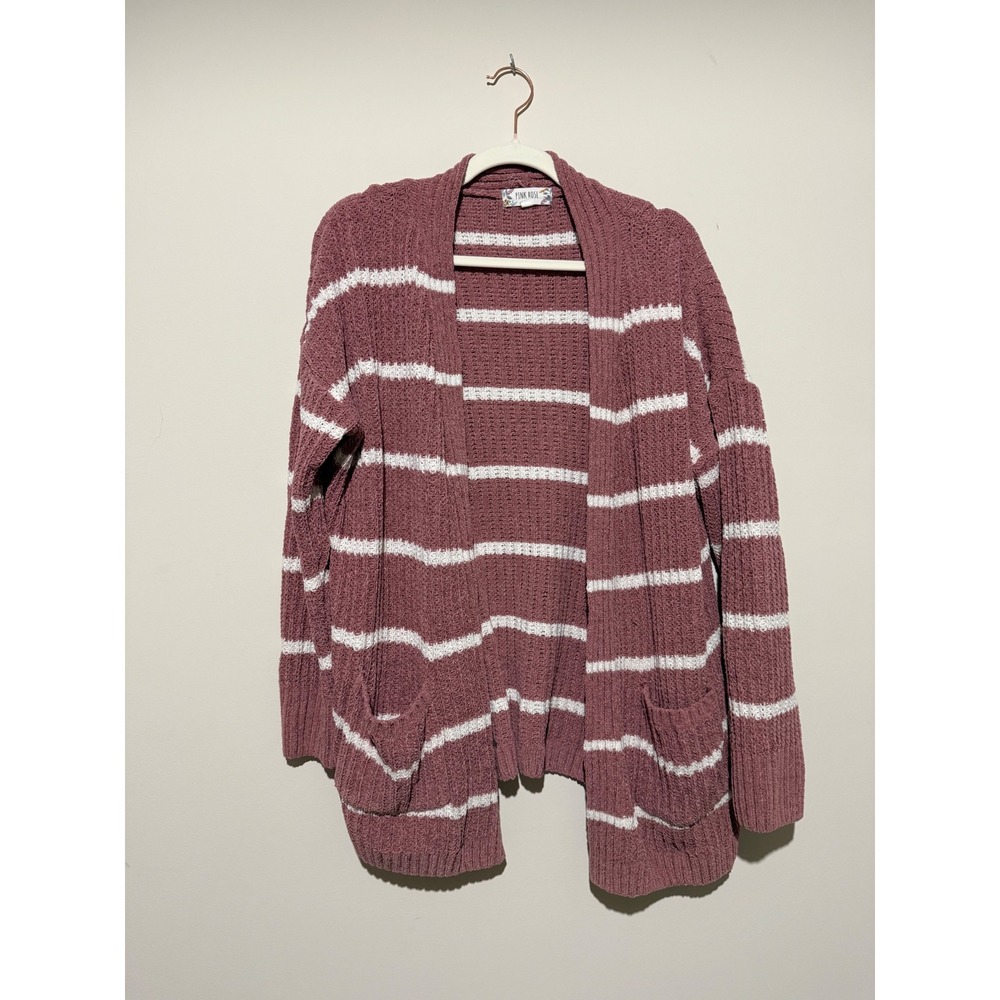 Pink Rose Womens Mauve Pink White Striped Chenille Open Front Cardigan L